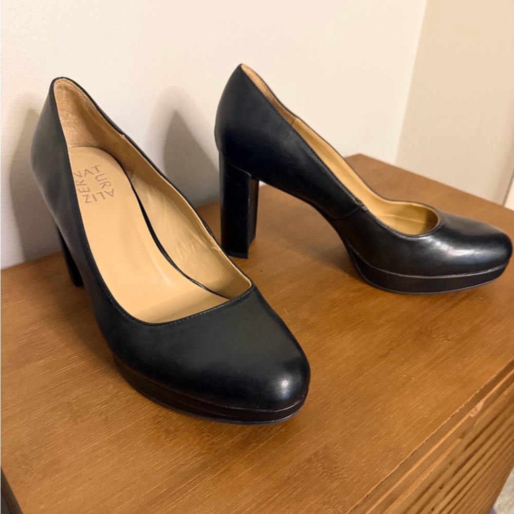 Naturalized Black Leather Platform Pumps
